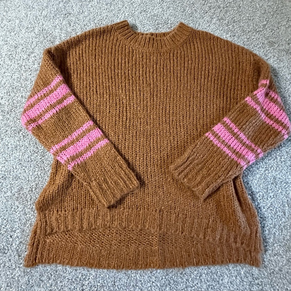 Aerie brown with pink stripes chunky, oversized, cozy knit sweater s size medium